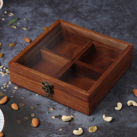 Squared Wooden Dry Fruits and Spice Box with 4 Containers