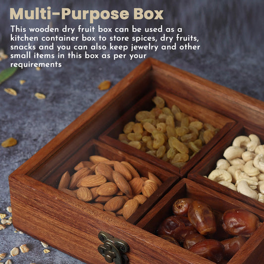 Squared Wooden Dry Fruits and Spice Box with 4 Containers