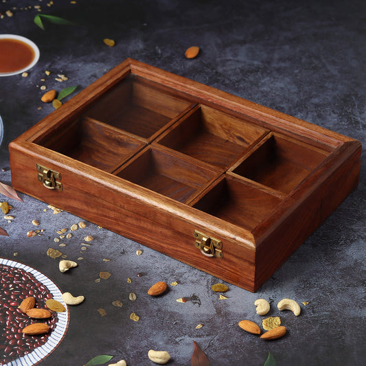 Rectangular Wooden Dry Fruits and Spice Box with 6 Containers