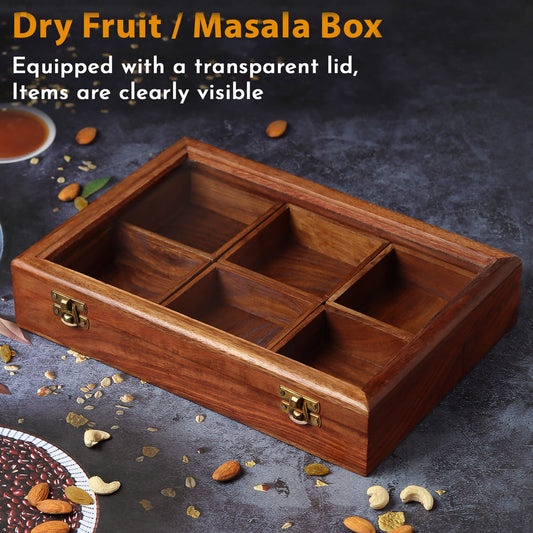 Rectangular Wooden Dry Fruits and Spice Box with 6 Containers