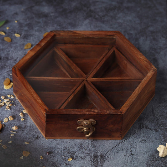 Hexagonal Wooden Spice Box with 6 Containers