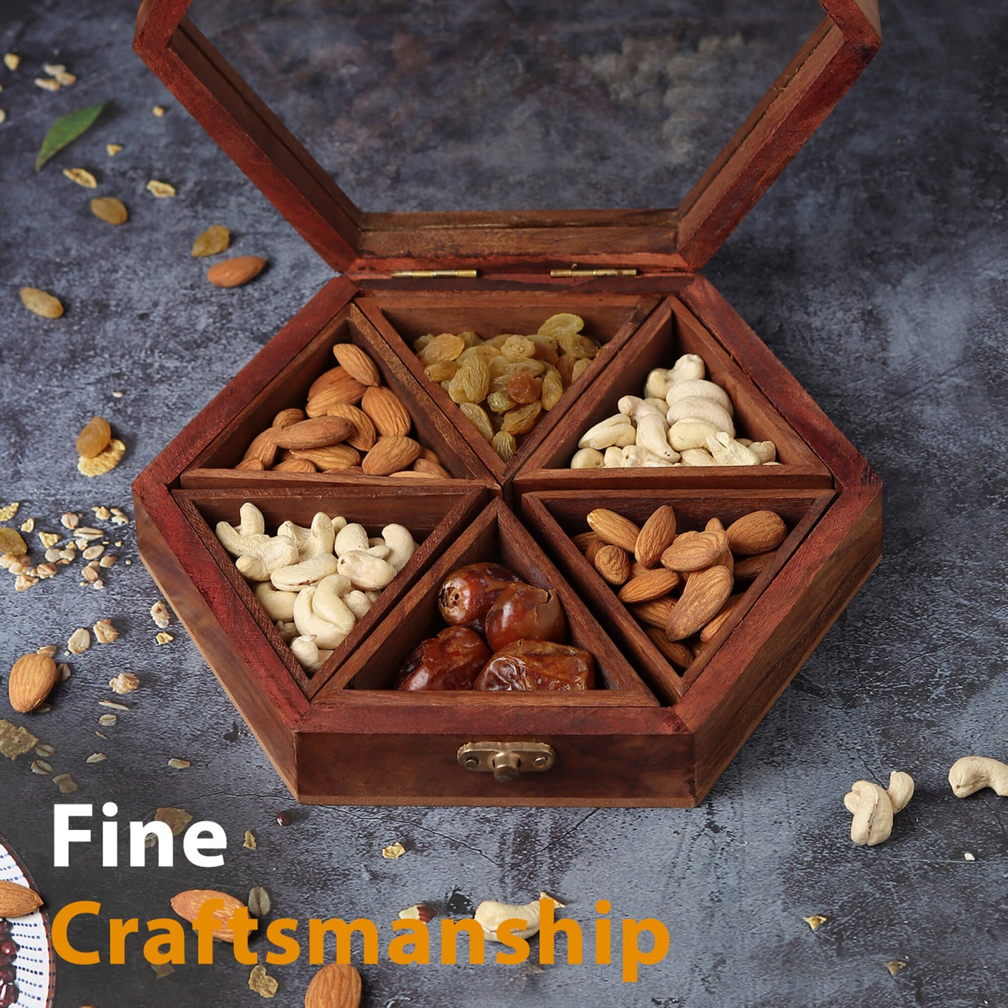 Hexagonal Wooden Spice Box with 6 Containers