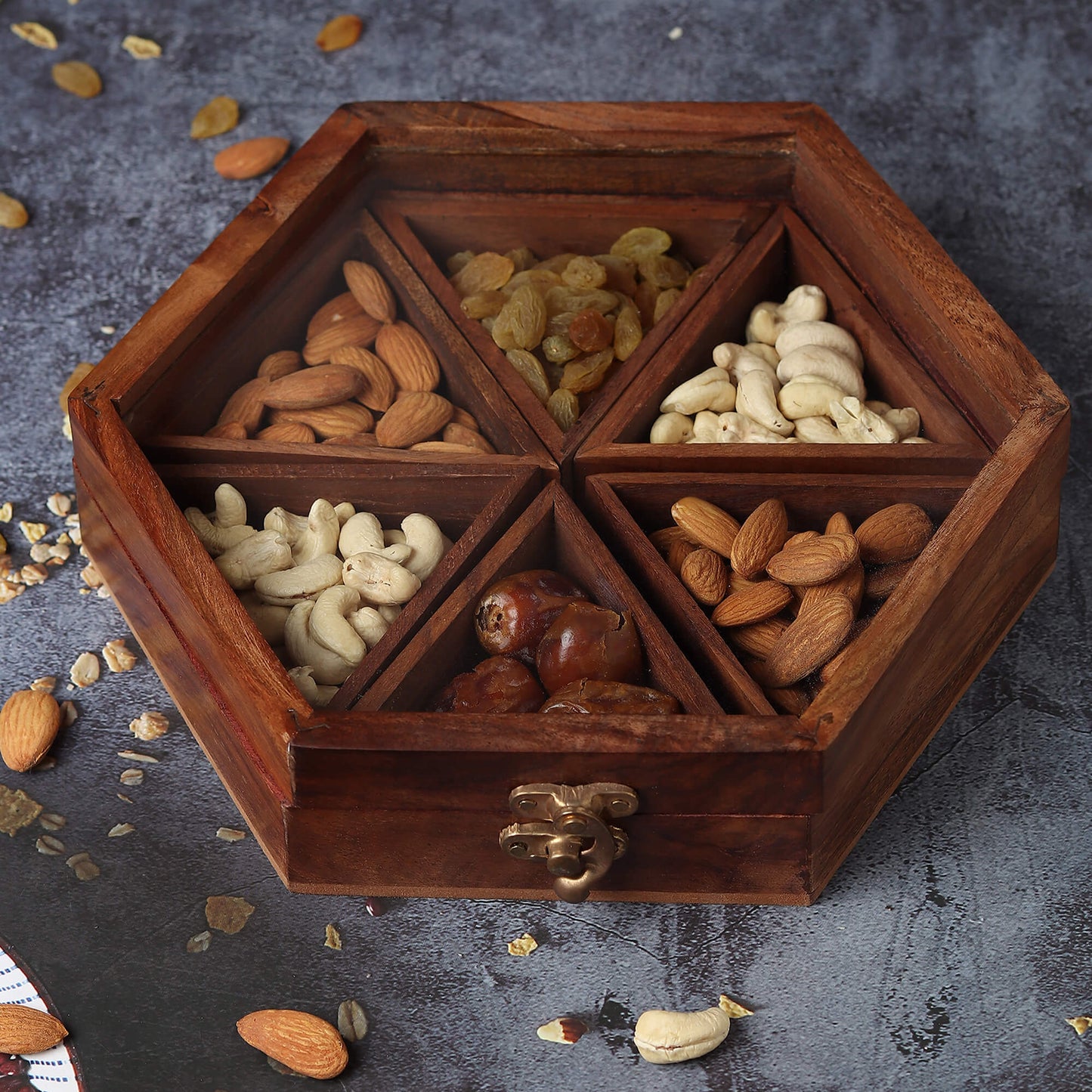 Hexagonal Wooden Spice Box with 6 Containers