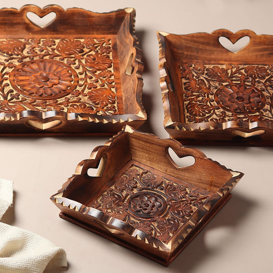 Carved Wooden Trays (Set of 3)