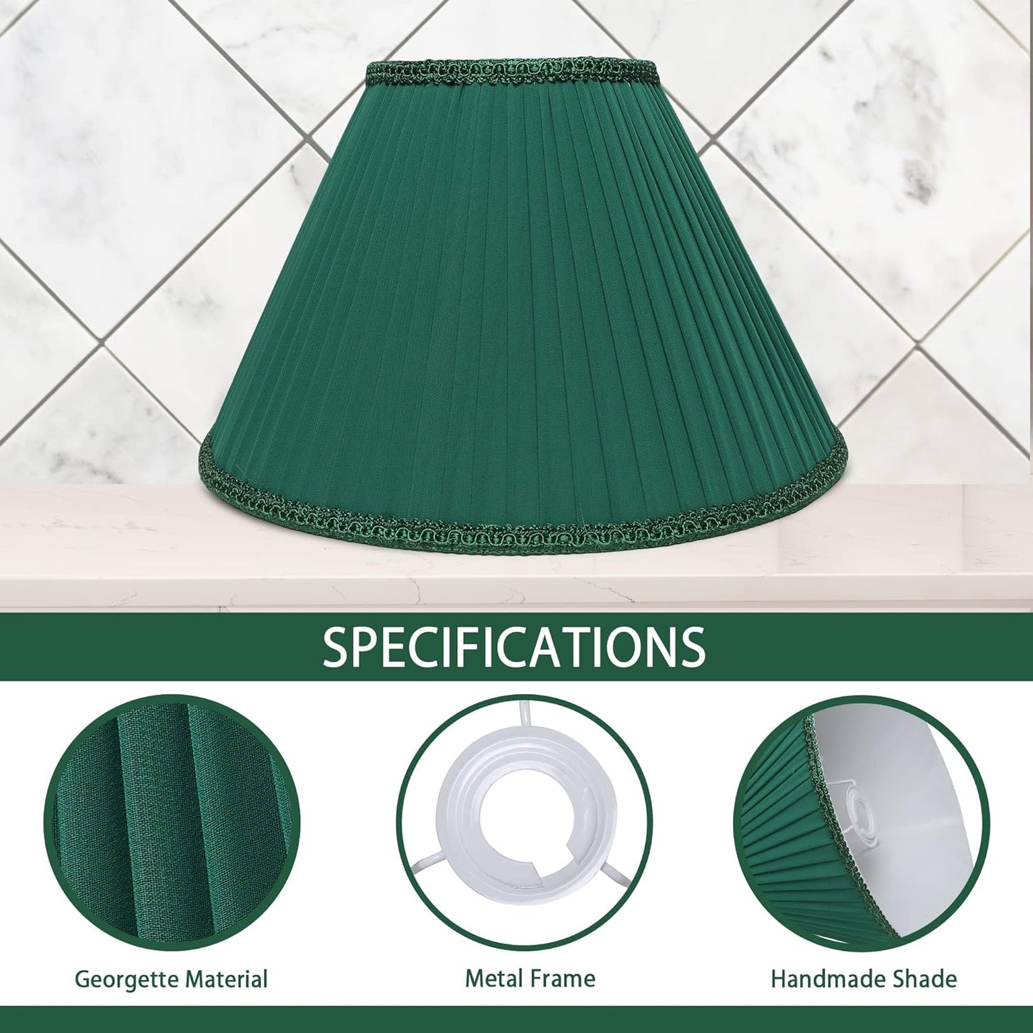 Georgette Pleated Lampshade with Lace Trim in Emerald Green